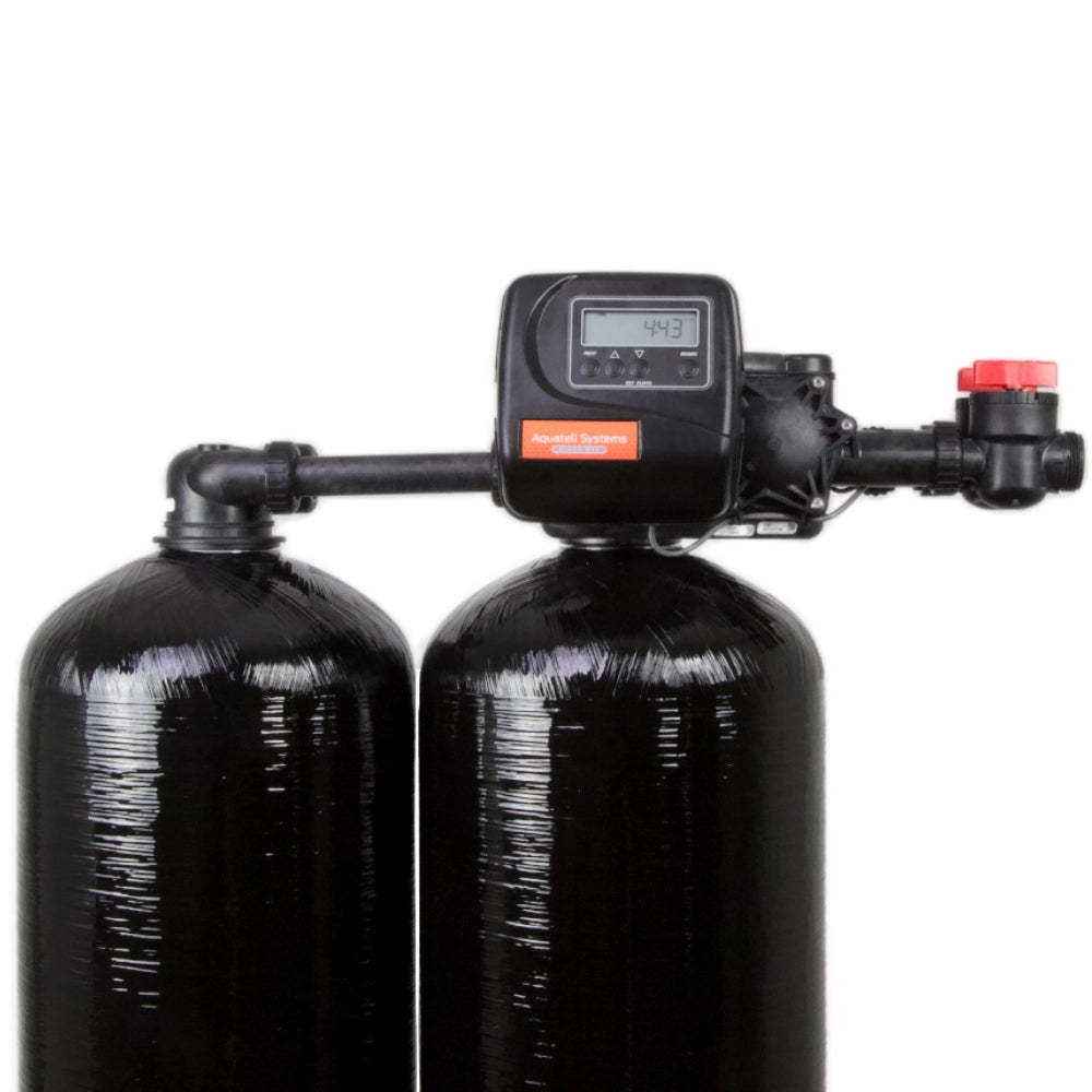 twin tank 2.0 water softener with w Clack WS1EE control valve front of softener