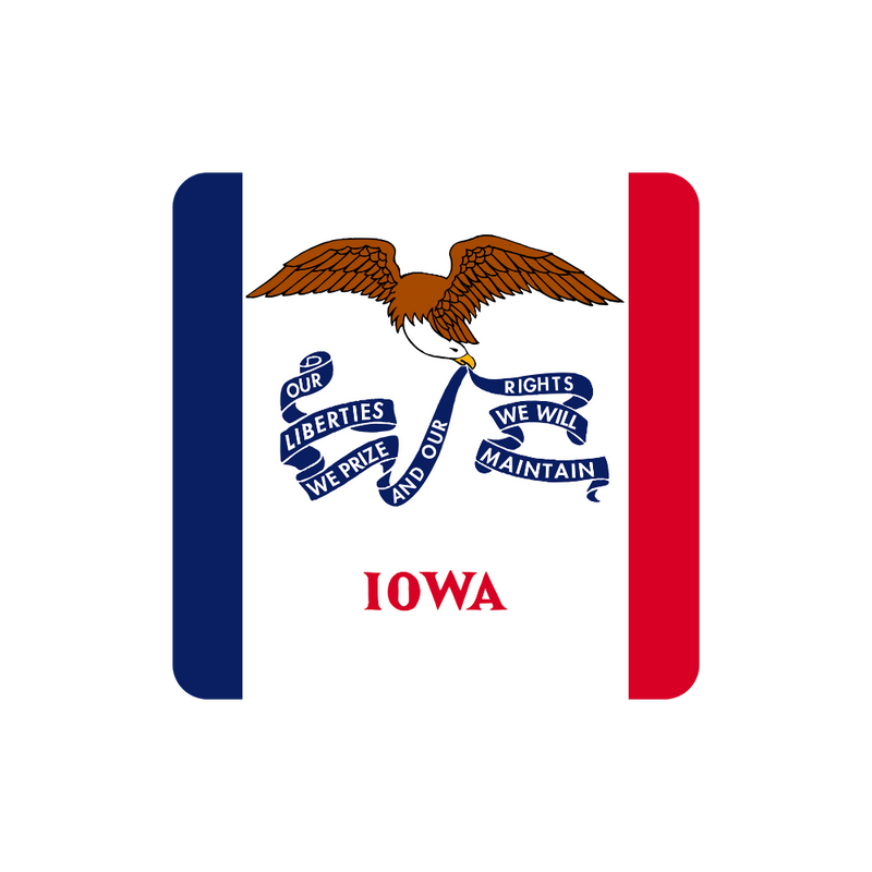 Flag of Iowa with an eagle and text on a white background