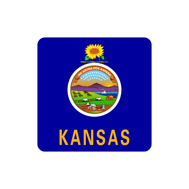 Flag of Kansas with a blue background and state emblem featuring a sunflower.