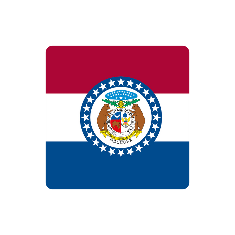 Flag of Missouri with a central emblem on a white background
