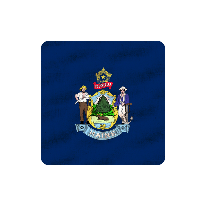 Mouse pad with Maine state emblem on a blue background