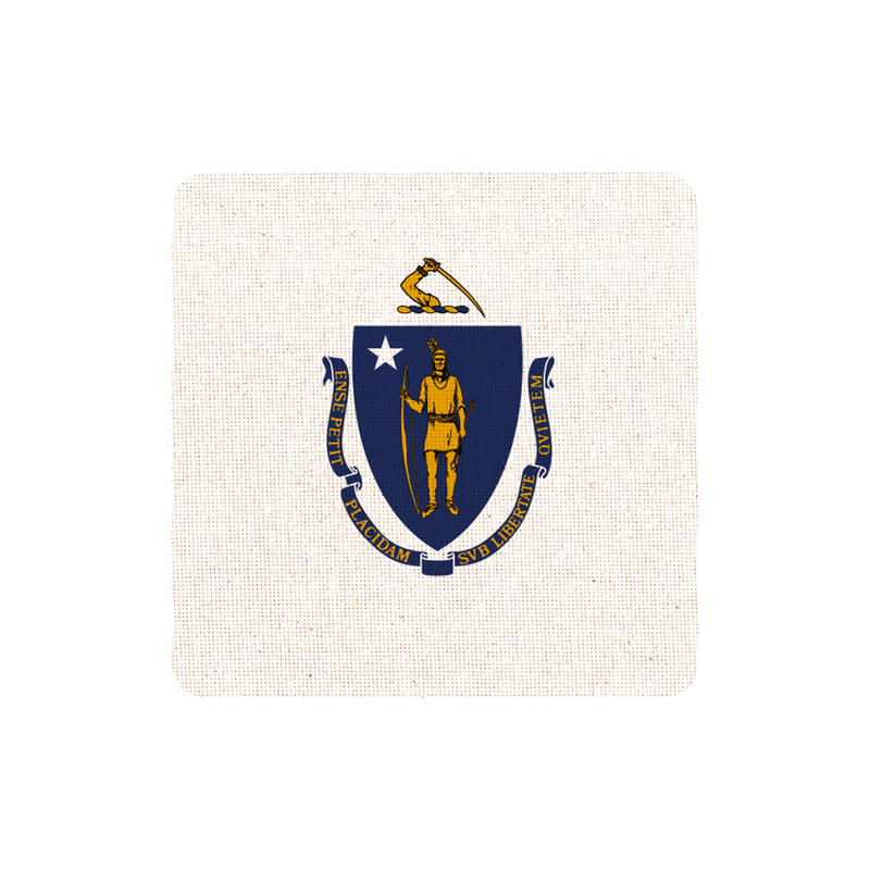 Coaster with a blue coat of arms design on a white background