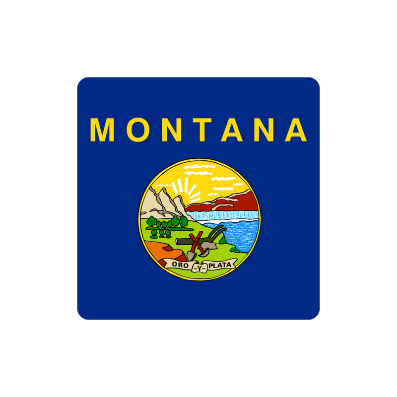 Flag of Montana with a blue background and colorful emblem featuring mountains, trees, and a river.