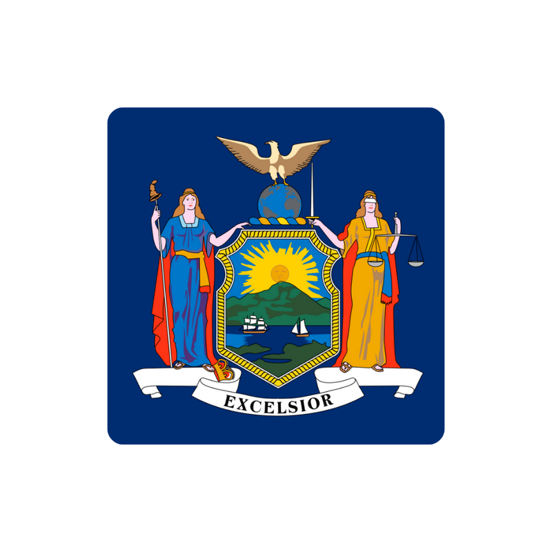 New York State Coat of arms with two figures and a shield on a blue background
