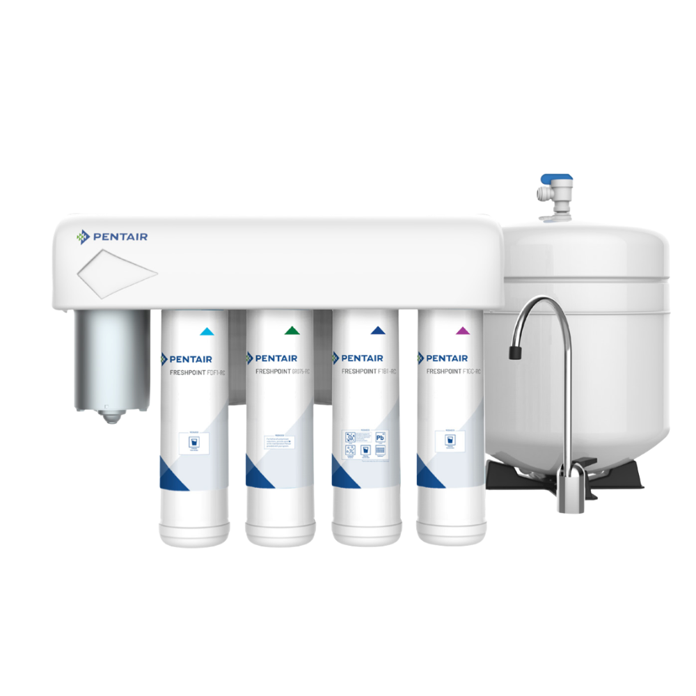 Pentair water filtration system with five cylindrical filters on a white background