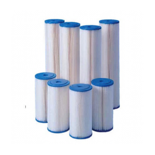 Set of eight cylindrical filter cartridges with blue ends on a white background