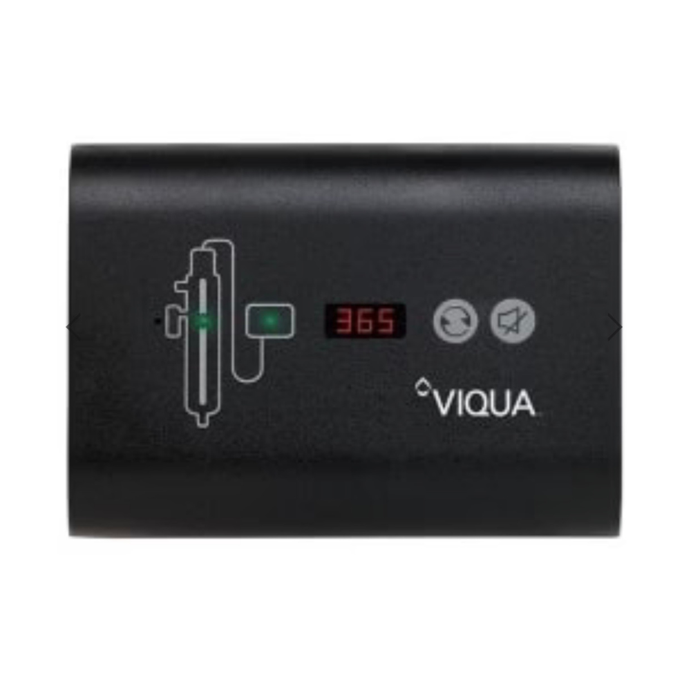 Black electronic device with digital display and VIQUA branding on a white background