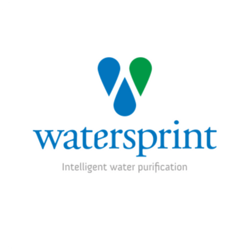 Watersprint logo with two water droplets and the text 'intelligent water purification' on a white background.