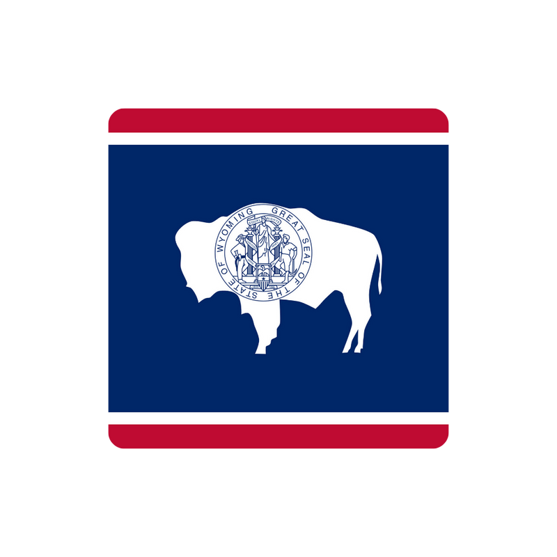 Flag of Wyoming with a white bison and seal on a blue background with red stripes