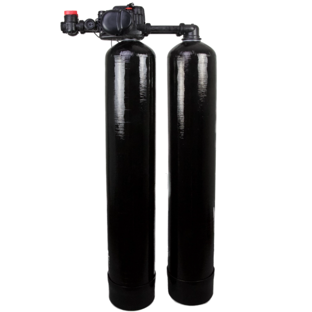 twin tank 1.5 water softener with w Clack WS1EE control valve back of tank
