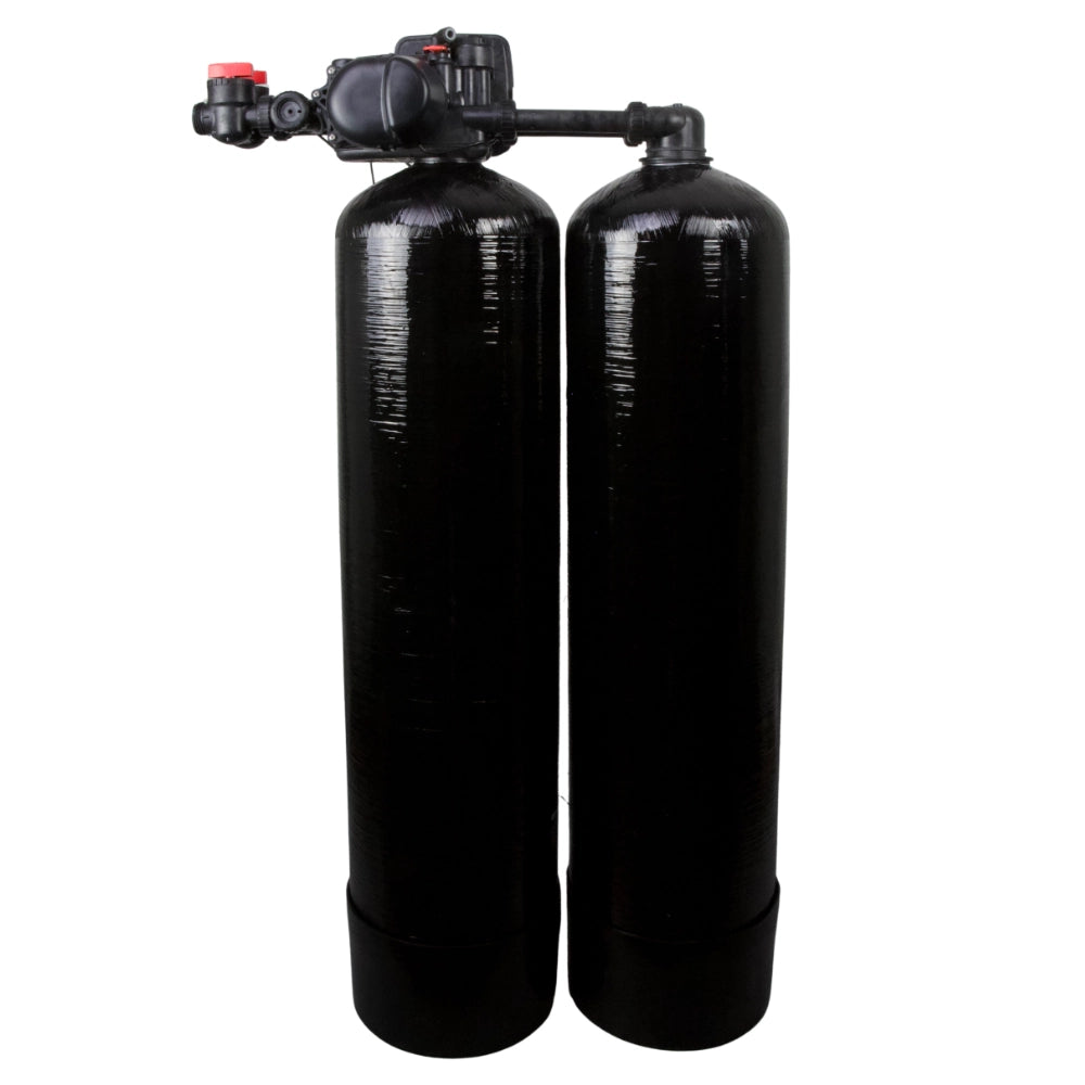 twin tank 2.0 water softener with w Clack WS1EE control valve back of softener 