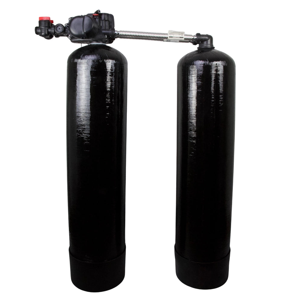 twin tank 2.5 water softener with w Clack WS1EE control valve back of softener  