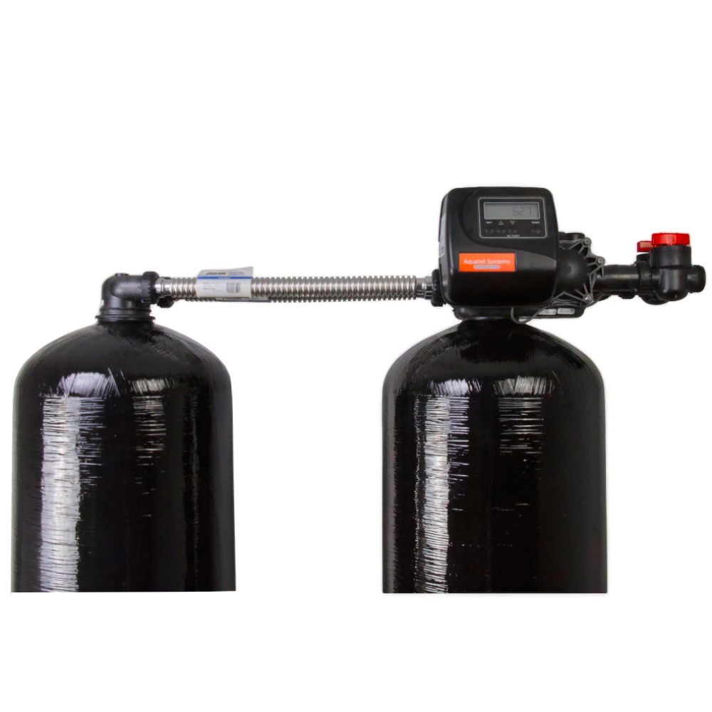 twin tank 3.0 water softener with w Clack WS1EE control valve front of softener 