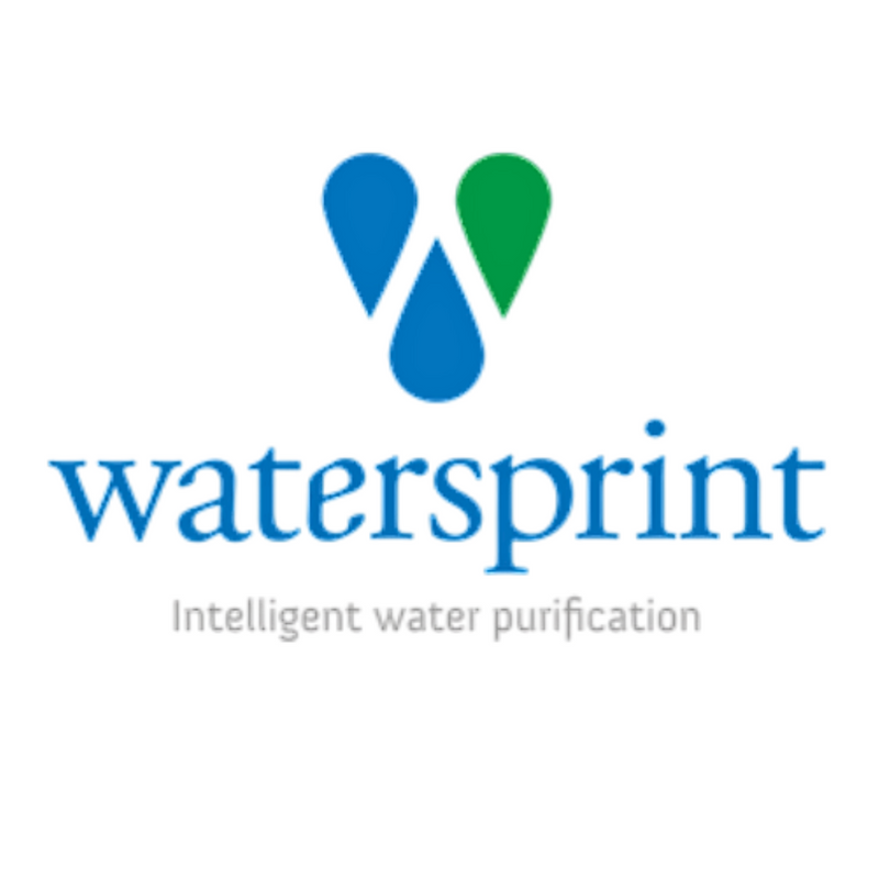 Logo of watersprint with two water droplets and the text 'intelligent water purification' on a white background.